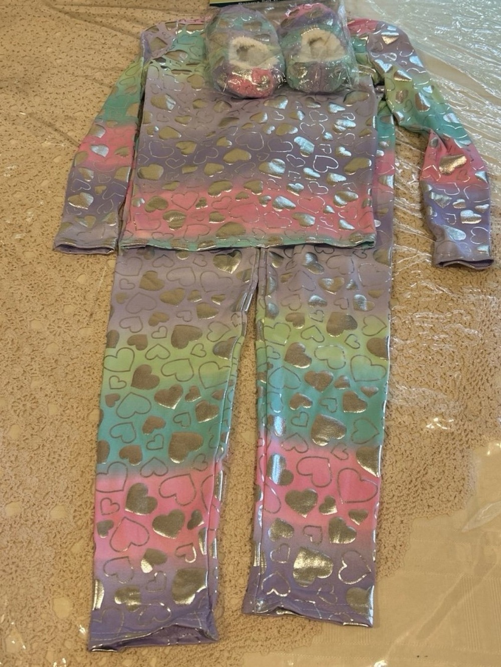 Girls Rainbow Pastel Heart Pajama Set with Silver Hearts
